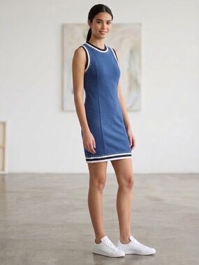 Grayse Sleeveless Blue Knit Shift Dress with Contrasting Trim Size M